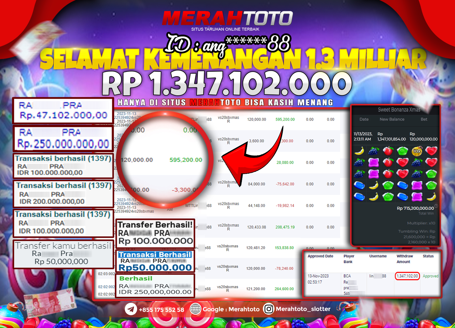 bukti-jp-slot-member-merahtoto-13-november-2023-sweet-bonanza-xmas-pragmatic-play