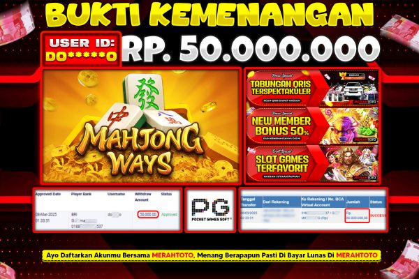 Bukti JP Slot Member MERAHTOTO 08 MARET 2025 Mahjong Ways ( PG Soft )