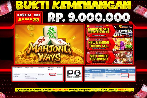 Bukti JP Slot Member MERAHTOTO 23 APRIL 2025 – Mahjong Ways ( PG SOFT )