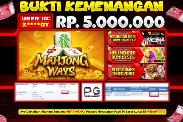 Bukti JP Slot Member MERAHTOTO 10 MEI 2025 – MAHJONG WAYS ( PG Soft )