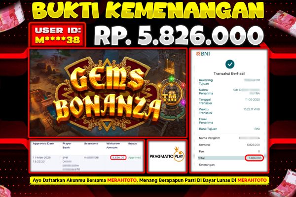 Bukti JP Slot Member MERAHTOTO 11 MEI 2025 – GEMS BONANZA ( Pragmatic Play )
