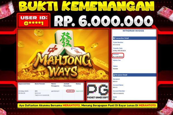 Bukti JP Slot Member MERAHTOTO 23 MEI 2025 – Mahjong Ways ( PG Soft )