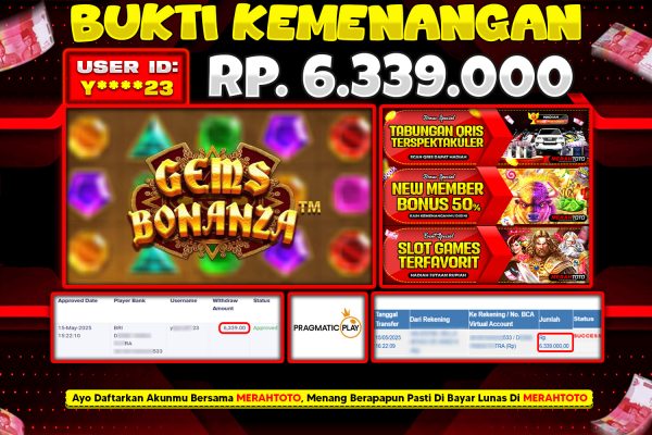 Bukti JP Slot Member MERAHTOTO 15 MEI 2025 – Gems Bonanza ( PRAGMATIC PLAY )