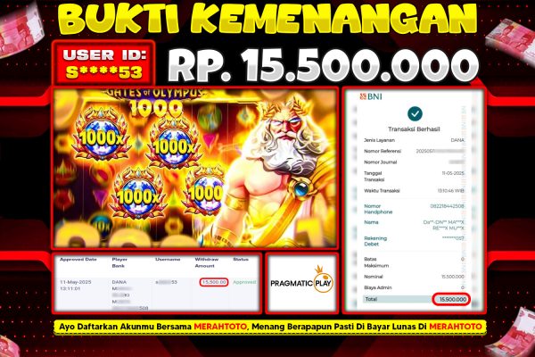 Bukti JP Slot Member MERAHTOTO 11 MEI 2025 – Gates of Olympus 1000 ( Pragmatic Play )