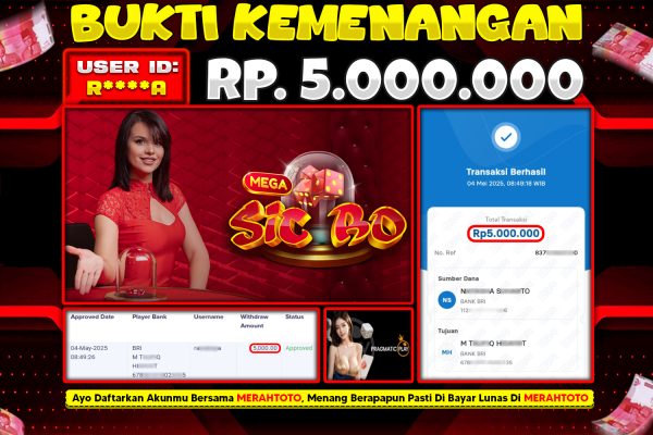 Bukti JP Slot Member MERAHTOTO 04 MEI 2025 Mega Sic Bo ( PP LIVE CASINO )