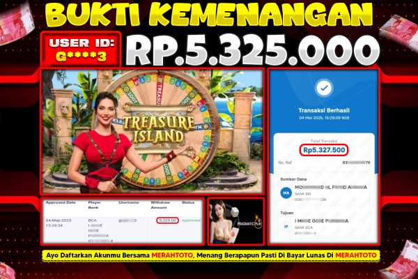 Bukti JP Slot Member MERAHTOTO 04 MEI 2025 Treasure Island ( PP LIVE CASINO )