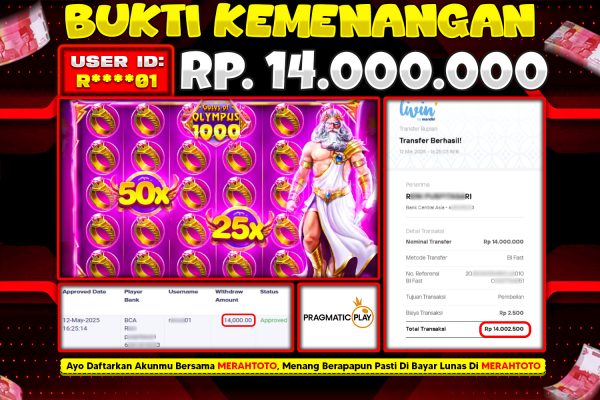 Bukti JP Slot Member MERAHTOTO 12 MEI 2025 – Gates Of Olympus 1000 ( Pragmatic Play )