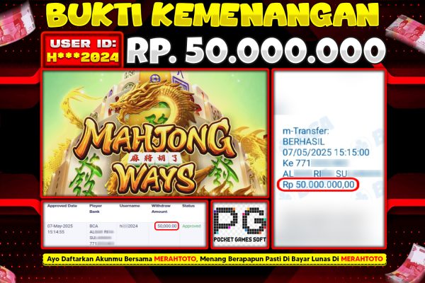 Bukti JP Slot Member MERAHTOTO 07 MEI 2025 – Mahjong Ways ( PG Soft )