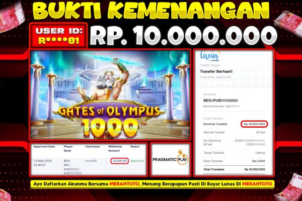 Bukti JP Slot Member MERAHTOTO 12 MEI 2025 – Gates of olympus 1000 ( PRAGMATIC PLAY )