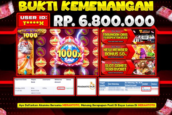 Bukti JP Slot Member MERAHTOTO 03 MEI 2025 – Gates of Olympus 1000 ( Pragmatic Play )