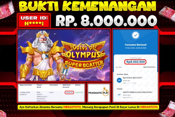 Bukti JP Slot Member MERAHTOTO 12 MEI 2025 – Gates of olympus SuperScatter ( PRAGMATIC PLAY )