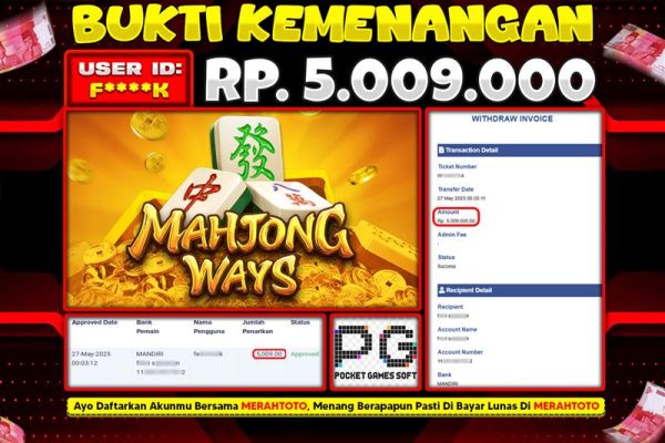 Bukti JP Slot Member MERAHTOTO 27 MEI 2025 – Mahjong Ways ( PG Sofe )