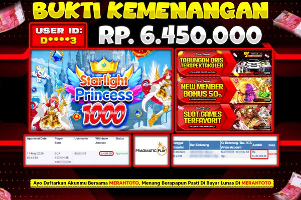 Bukti JP Slot Member MERAHTOTO 17 MEI 2025 – Starlight Princess 1000 ( PRAGMATIC PLAY )