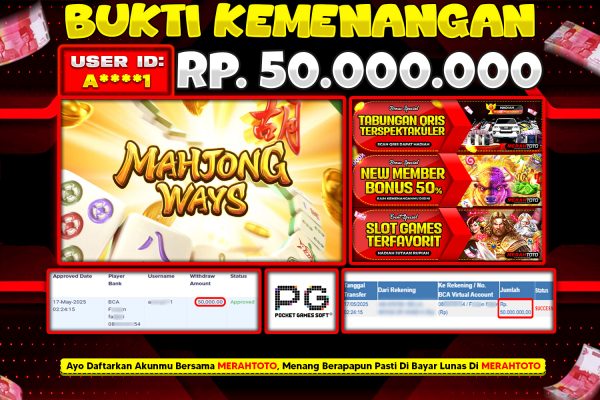 Bukti JP Slot Member MERAHTOTO 17 MEI 2025 – Mahjong Ways ( PG SOFT )