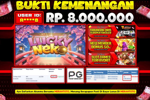 Bukti JP Slot Member MERAHTOTO 15 MEI 2025 – Lucky Neko ( PG SOFT )