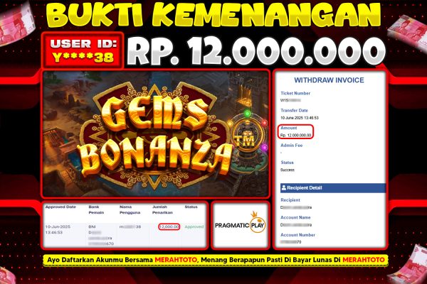 Bukti JP Slot Member MERAHTOTO 10 JUNI 2025 – Gems Bonanza ( PRAGMATIC PLAY )