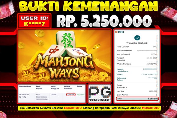 Bukti JP Slot Member MERAHTOTO 23 JUNI 2025 – Mahjong Ways 1 ( PG SOFT )