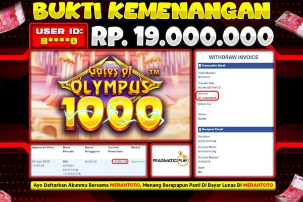 Bukti JP Slot Member MERAHTOTO 04 JUNI 2025 – Gates of Olympus 1000 ( Pragmatic Play )