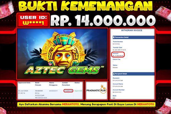 Bukti JP Slot Member MERAHTOTO 02 JUNI 2025 – Aztec Gems ( Pragmatic Play )