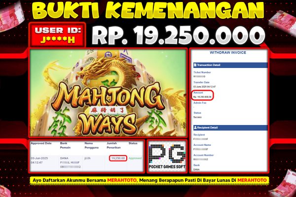 Bukti JP Slot Member MERAHTOTO 03 JUNI 2025 – Mahjong Ways ( PG SOFT )