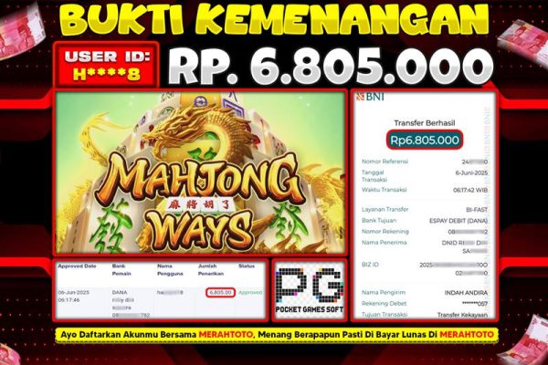 Bukti JP Slot Member MERAHTOTO 06 JUNI 2025 – Mahjong Ways ( PG SOFT )