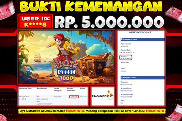 Bukti JP Slot Member MERAHTOTO 08 JUNI 2025 – Pirate Quest 1000 ( PRAGMATIC PLAY )