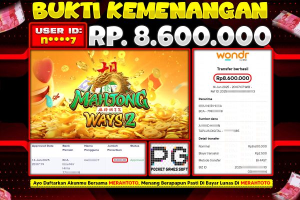 Bukti JP Slot Member MERAHTOTO 14 JUNI 2025 – Mahjong Ways 2 ( PG SOFT )