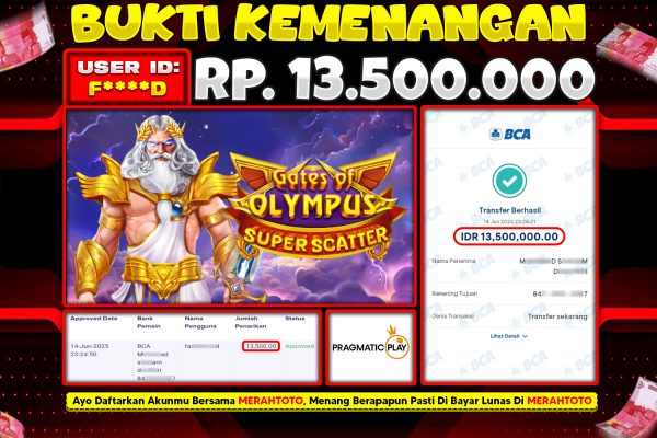 Bukti JP Slot Member MERAHTOTO 14 JUNI 2025 – Gates of Olympus Super Scatter ( PRAGMATIC PLAY )
